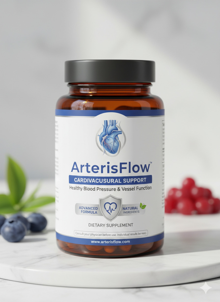 Photograph of ArterisFlow capsule bottle and cap on a neutral background